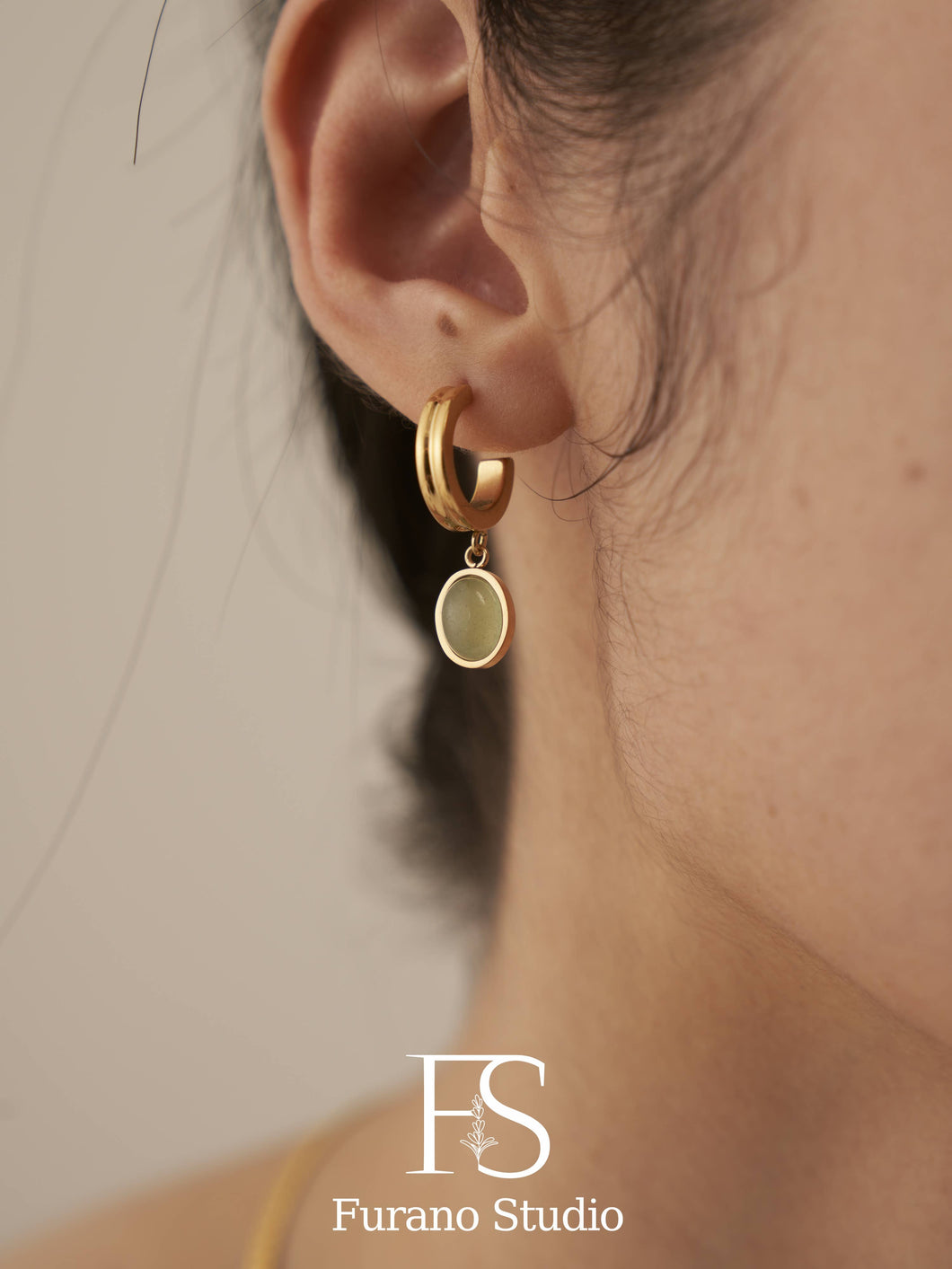 18k gold green oval Aventurine Hoop Earring