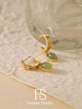 Load image into Gallery viewer, 18k gold green oval Aventurine Hoop Earring
