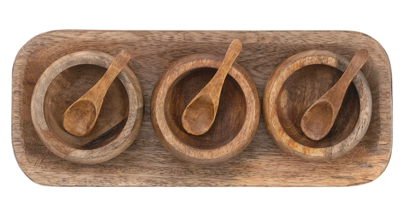 Mango Wood Tray with 3 Bowls and Spoons