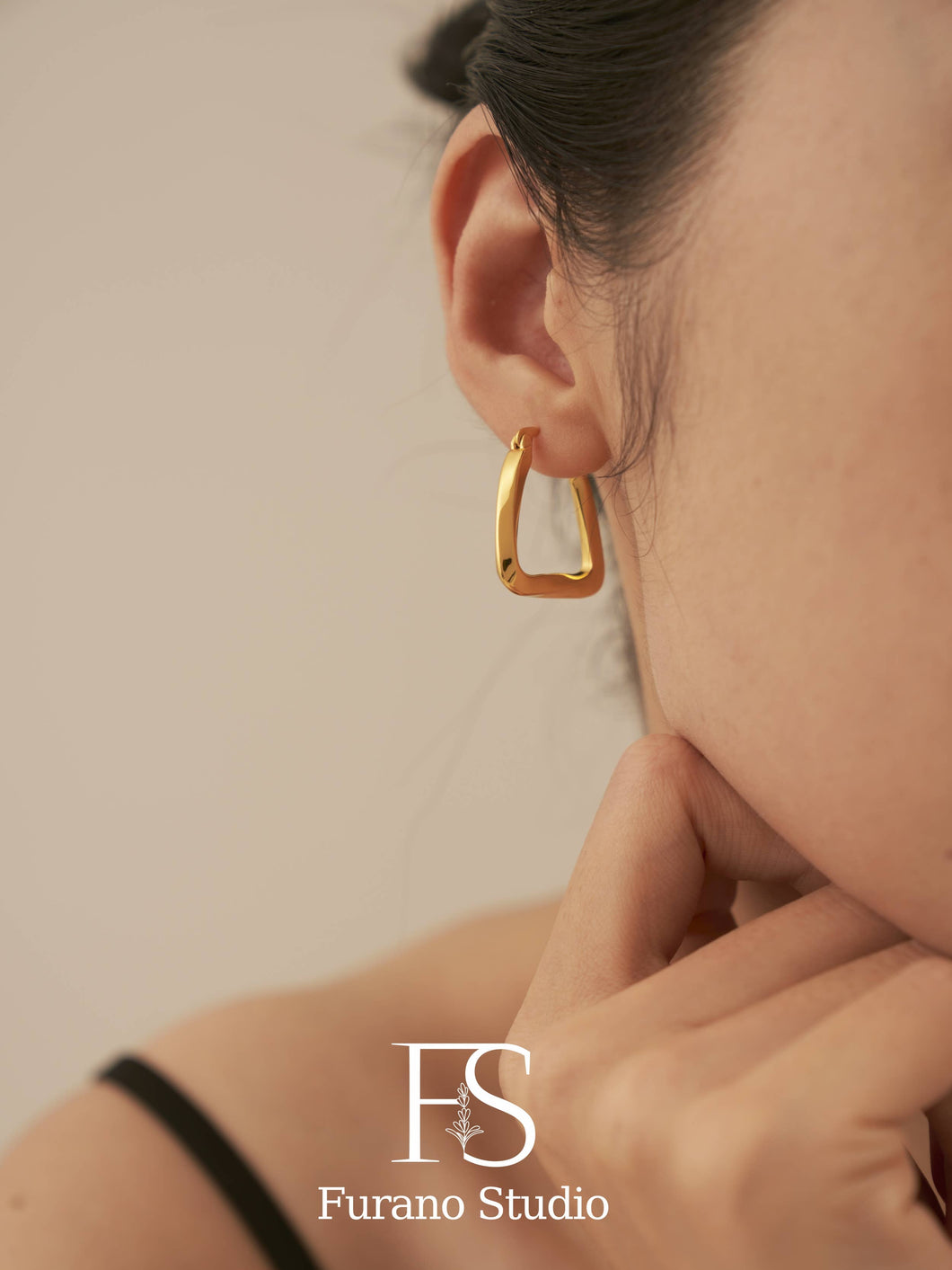 18k gold irregular hoop earring; rectangle drop earring