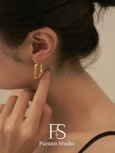 Load image into Gallery viewer, 18k gold irregular hoop earring; rectangle drop earring
