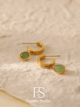 Load image into Gallery viewer, 18k gold green oval Aventurine Hoop Earring
