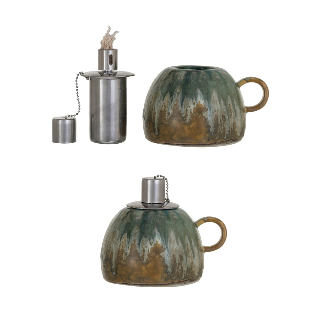 Stoneware Oil Lamp w/ Handle & Metal Insert (Each One Will Vary)