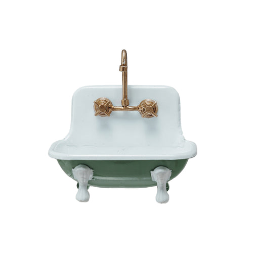 Metal Sink Soap Dish w/ Faucet, Green, White & Gold Finish