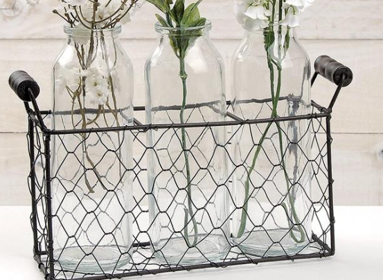 TALL SQUARE METAL BASKET WITH THREE GLASS BOTTLES