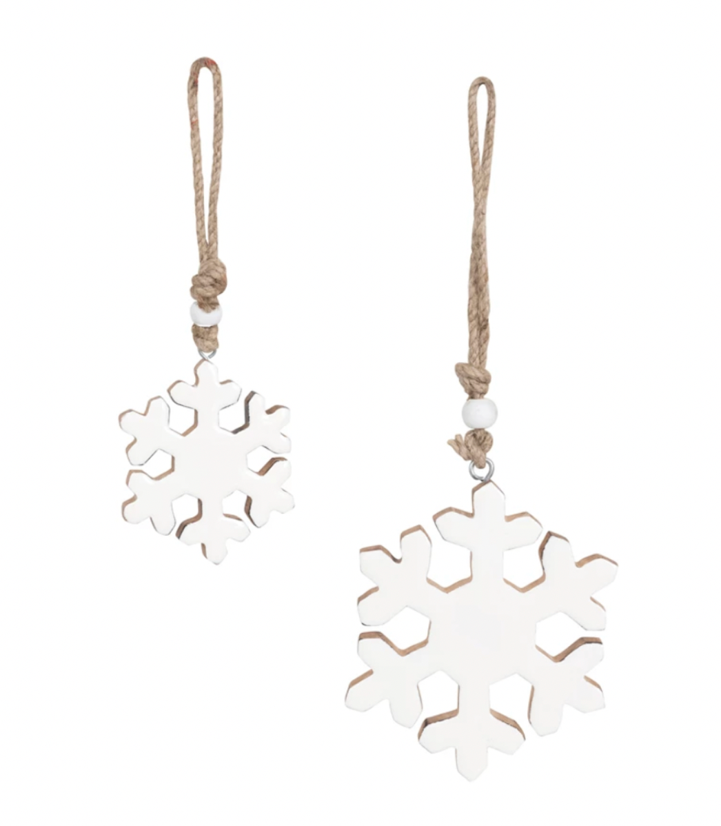 Enameled Mango Wood Snowflake Ornaments with Wood Beads