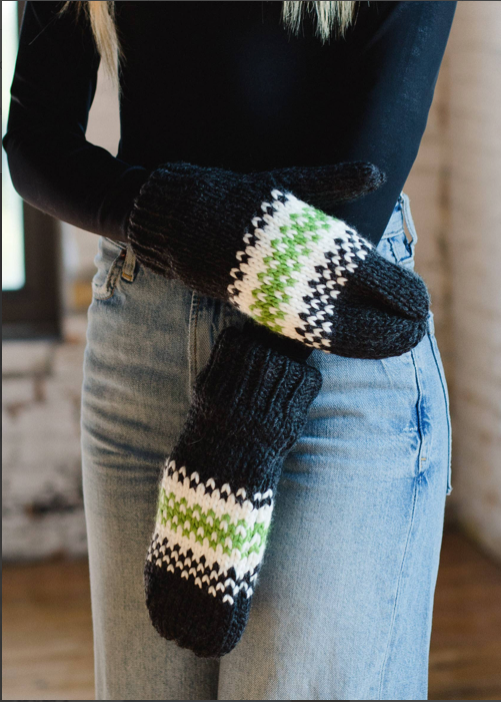 Charcoal w/ Green & White Pattern Knit Mittens