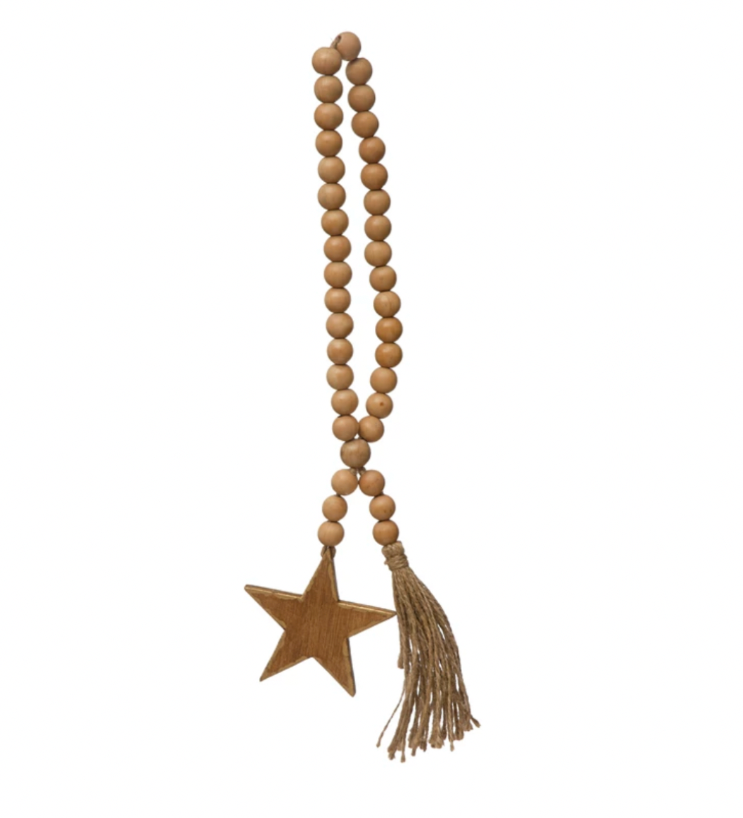 Wood Beads with Star Icon and Jute Tassel