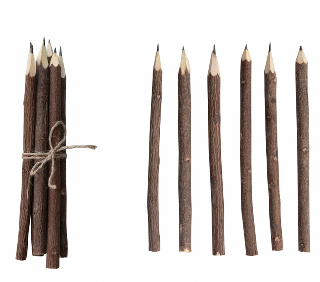 Hand Carved Wood Pencils with Jute Tie Set of 6