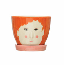 Load image into Gallery viewer, Hand-Painted Embossed Stoneware Face Planter w/ Saucer &amp; Floral Edge
