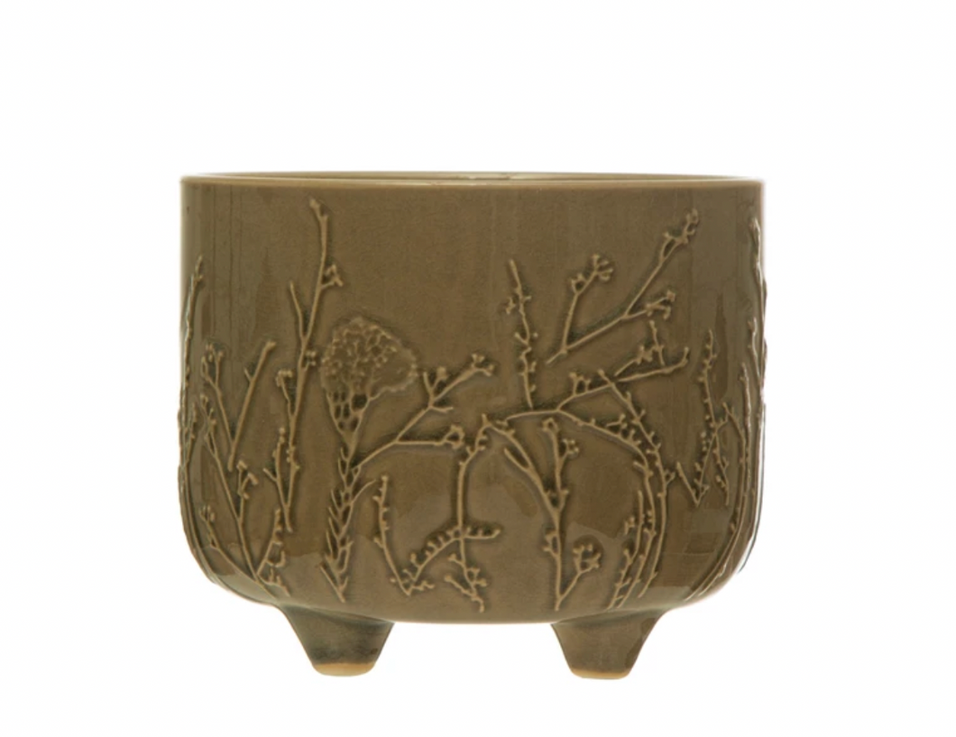 Embossed Stoneware Footed Planter w/ Florals, Crackle Glaze