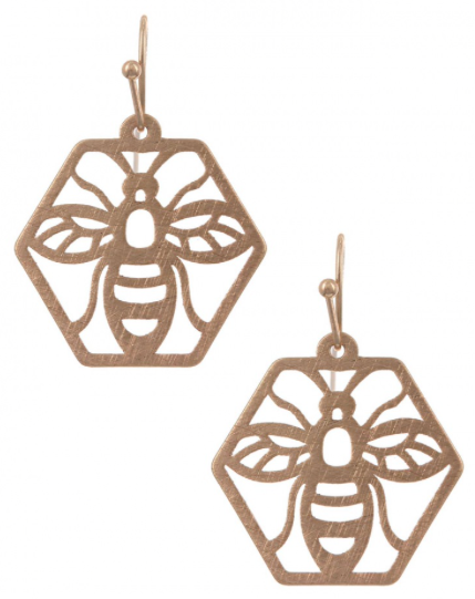 Bee Brass Hexagon Dangle Earring Set