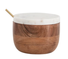 Load image into Gallery viewer, Marble and Acacia Wood Bowl with Lid and Brass Spoon
